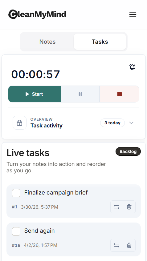 CleanMyMind mobile app interface with quick capture, task list, and focus timer